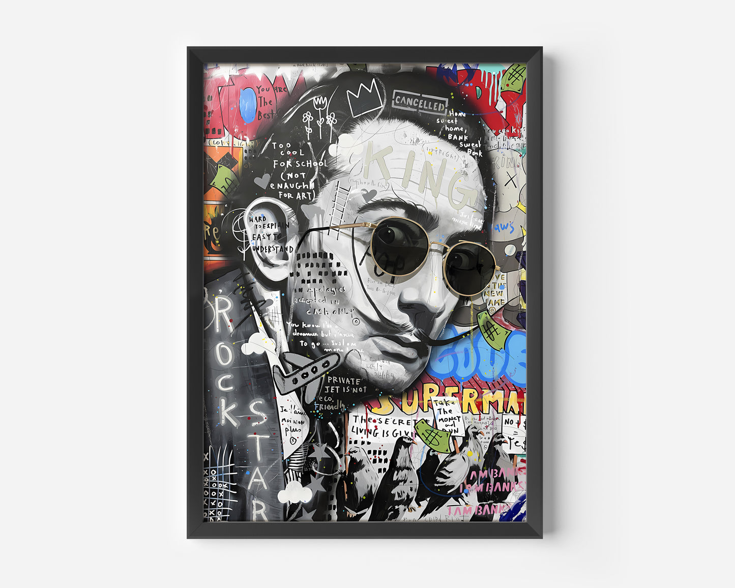 A framed, mixed-media, street-art style portrait of a man with dark hair, a mustache, and round sunglasses. The artwork is a collage of black and white portraiture overlaid with bold, colorful graffiti, text, and pop-culture imagery, including a crown icon, the word "KING," and phrases like "CANCELLED," "ROCKSTAR," and "SUPERMAN." The dominant colors are black, white, red, yellow, and blue.