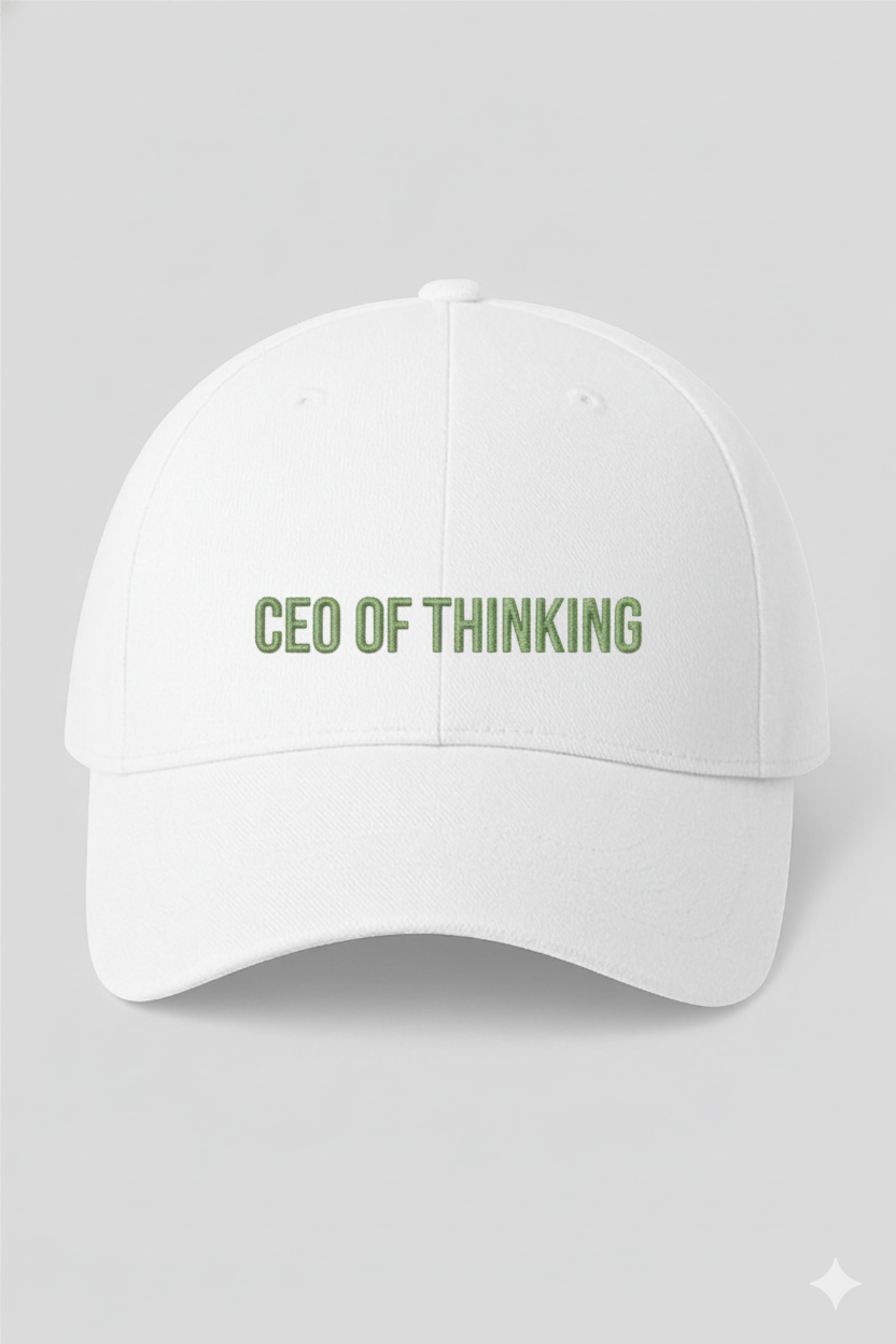 White embroidered cap with “CEO of Thinking” design from Dank N’ Drip streetwear.