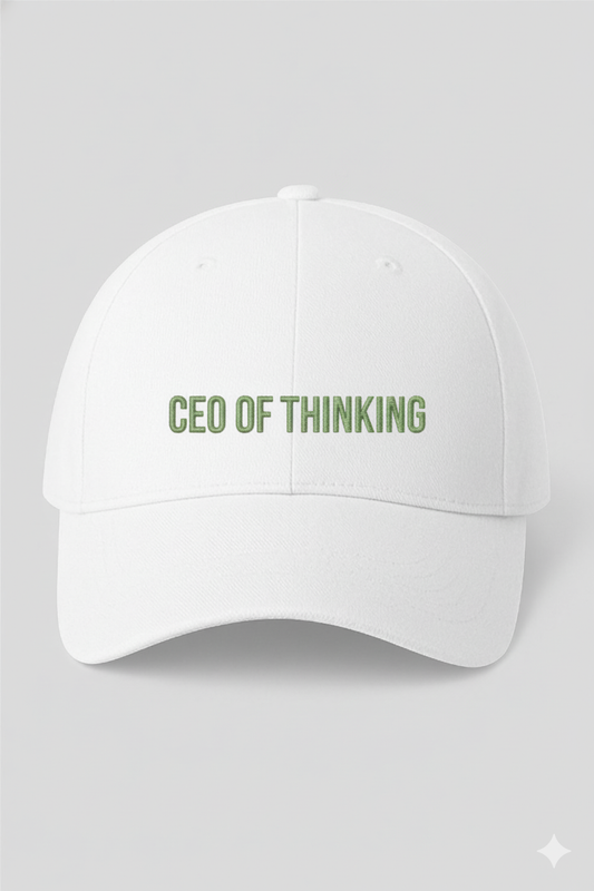 White embroidered cap with “CEO of Thinking” design from Dank N’ Drip streetwear.