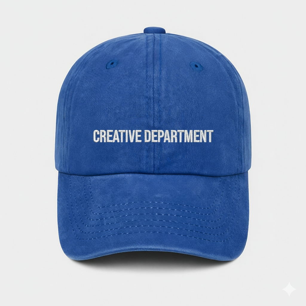 Blue embroidered cap with “Creative Department” design, part of Dank N’ Drip’s streetwear collection.