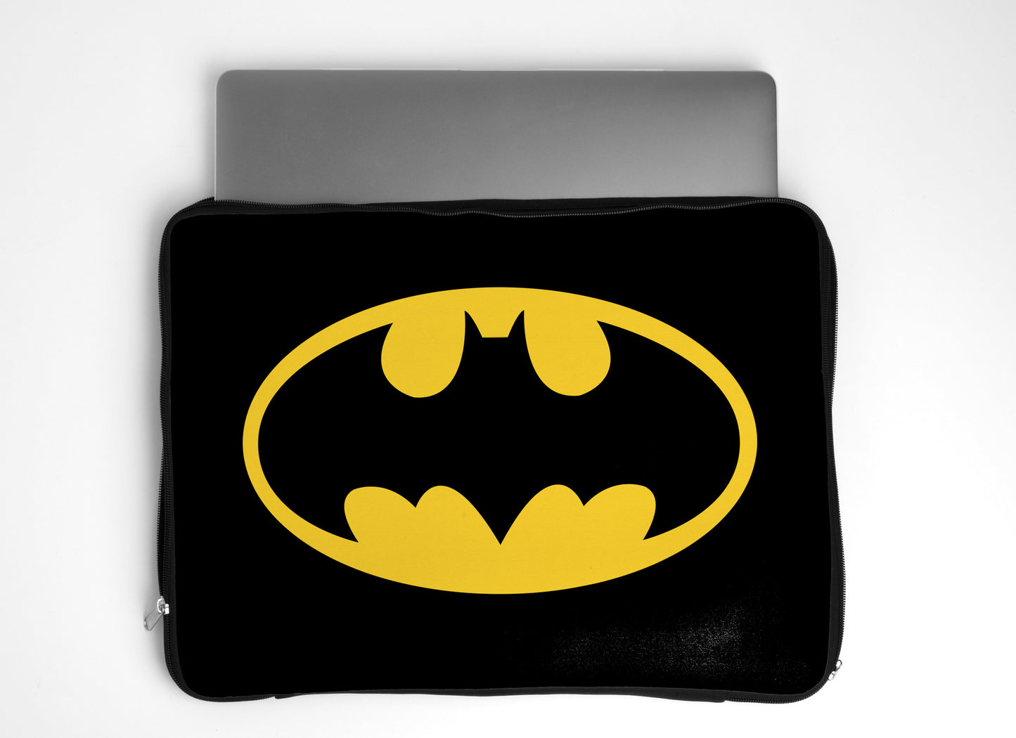 Dank N Drip Batman logo laptop sleeve featuring the iconic black and yellow bat symbol, stylish and durable for everyday use.