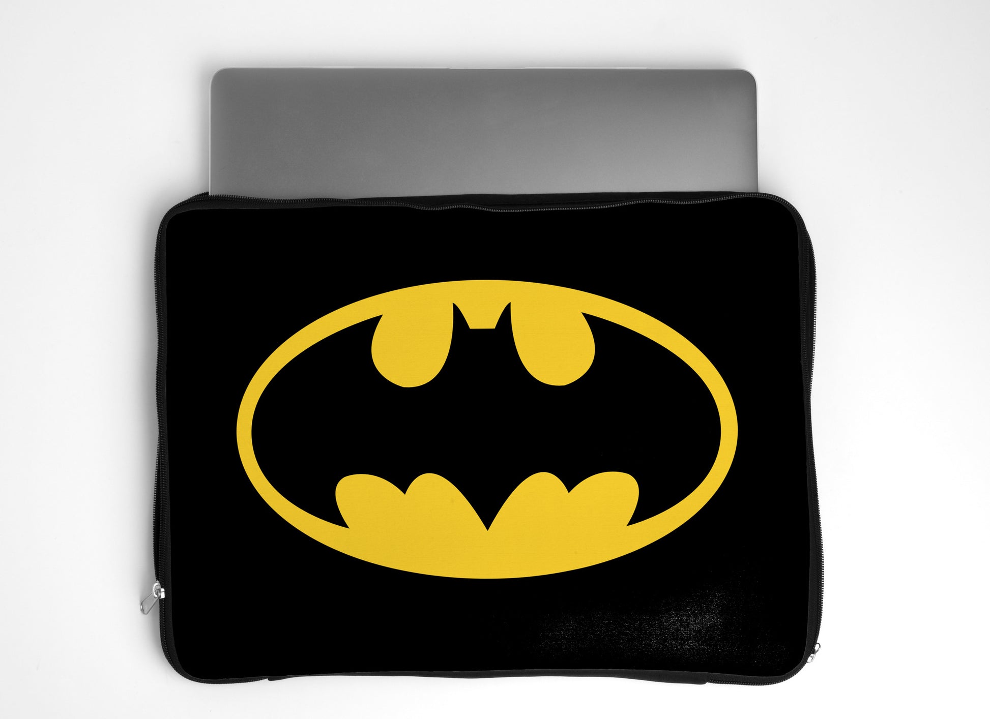 Dank N Drip Batman logo laptop sleeve featuring the iconic black and yellow bat symbol, stylish and durable for everyday use.