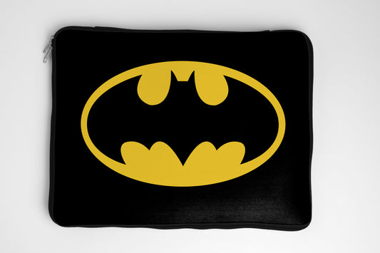 Dank N Drip Batman logo laptop sleeve featuring the iconic black and yellow bat symbol