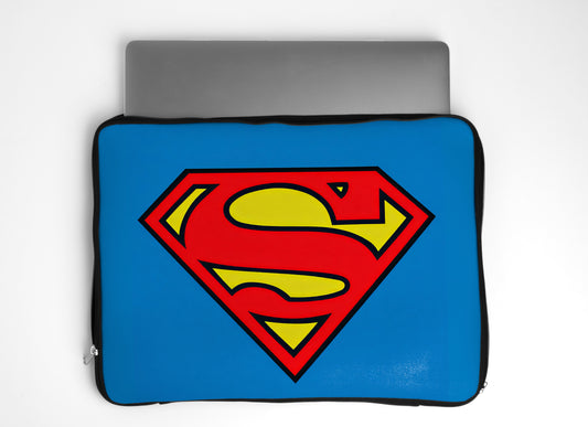Dank N Drip Superman laptop sleeve featuring the iconic red and yellow “S” logo, bold design with durable protection for your device.