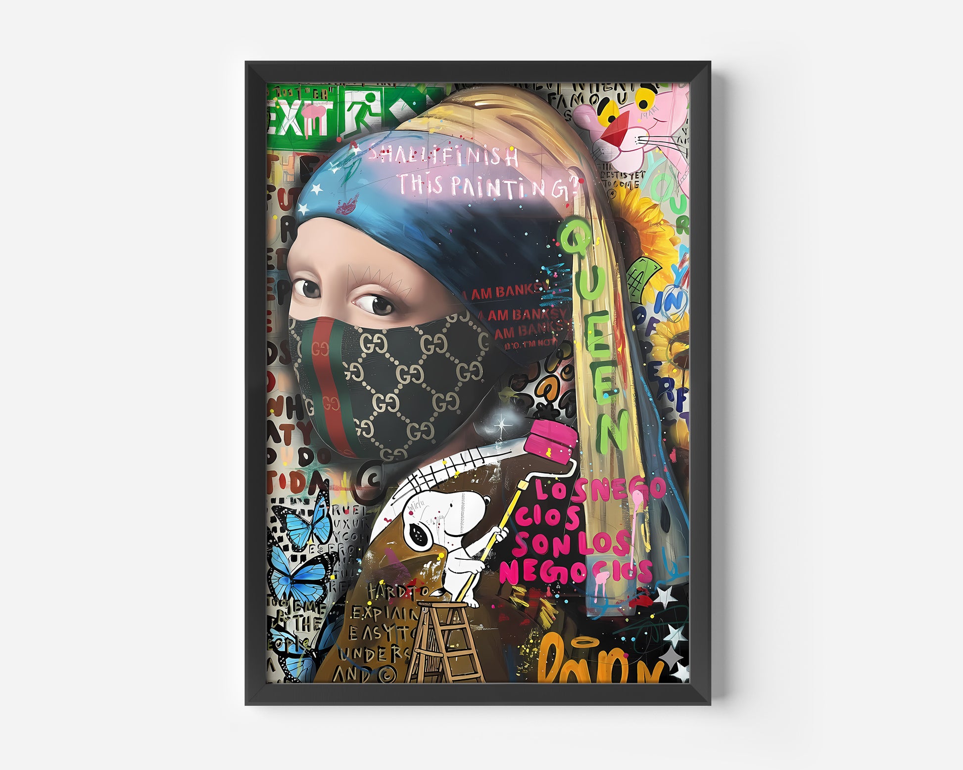 A framed, mixed-media, street-art rendition of Johannes Vermeer's "Girl with a Pearl Earring". The figure is wearing a Gucci logo-patterned face mask and a bright blue and yellow turban. The background and foreground are heavily covered in colorful graffiti, including the word "QUEEN," blue butterfly imagery, Snoopy painting on a ladder, Pink Panther, and various brand logos and text. The artwork merges classical art with contemporary street culture.